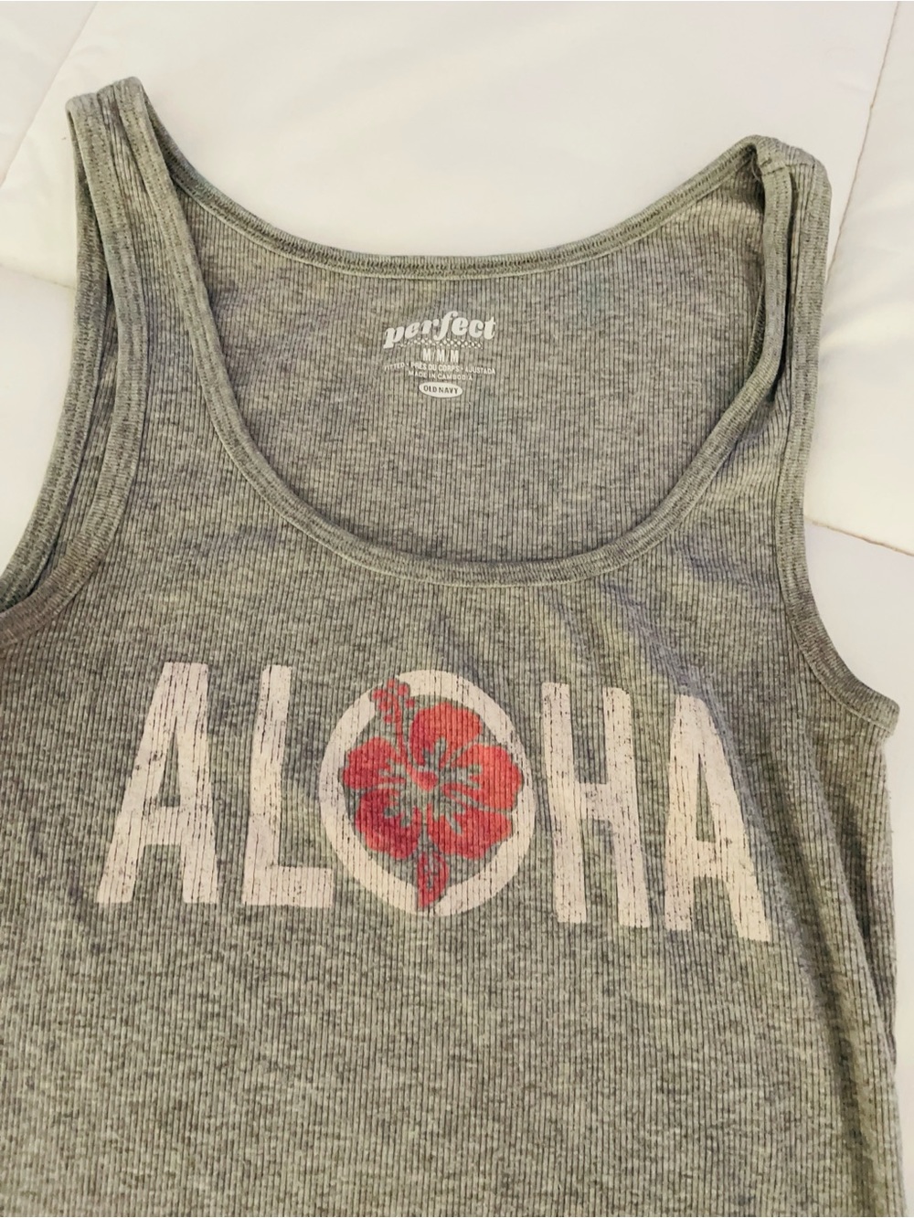 Old Navy Gray Ribbed 'Aloha' Tank with Red Floral Detail